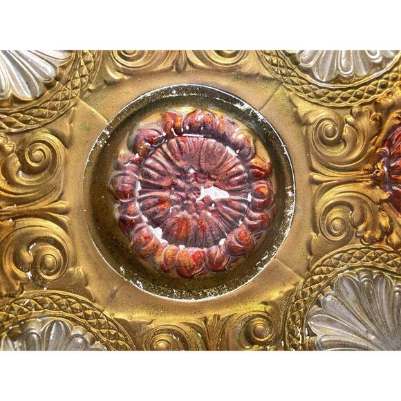 Antique EAPG Goofus Glass 11" Plate Gold Red Flowers Silver Acanthus Leaves - Picture 6 of 6